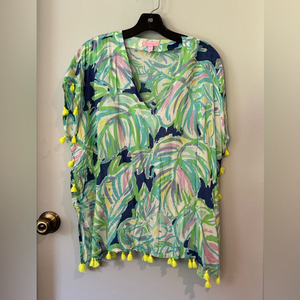 NWOT Lilly Pulitzer boho style green & blue top with bright green tassels S/M